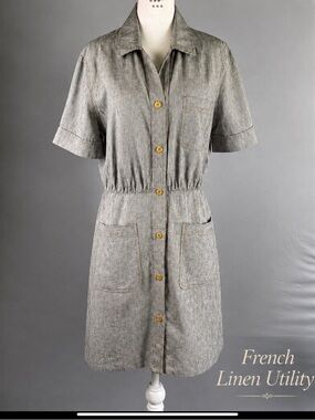 Sessùn French Linen Utility Dress Button Front Safari Mini Dress Neutral Stripe